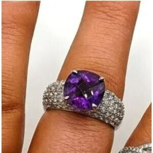 925 Sterling Silver KJC Amethyst and Rhinestone Women's Ring Size 7 Cocktail